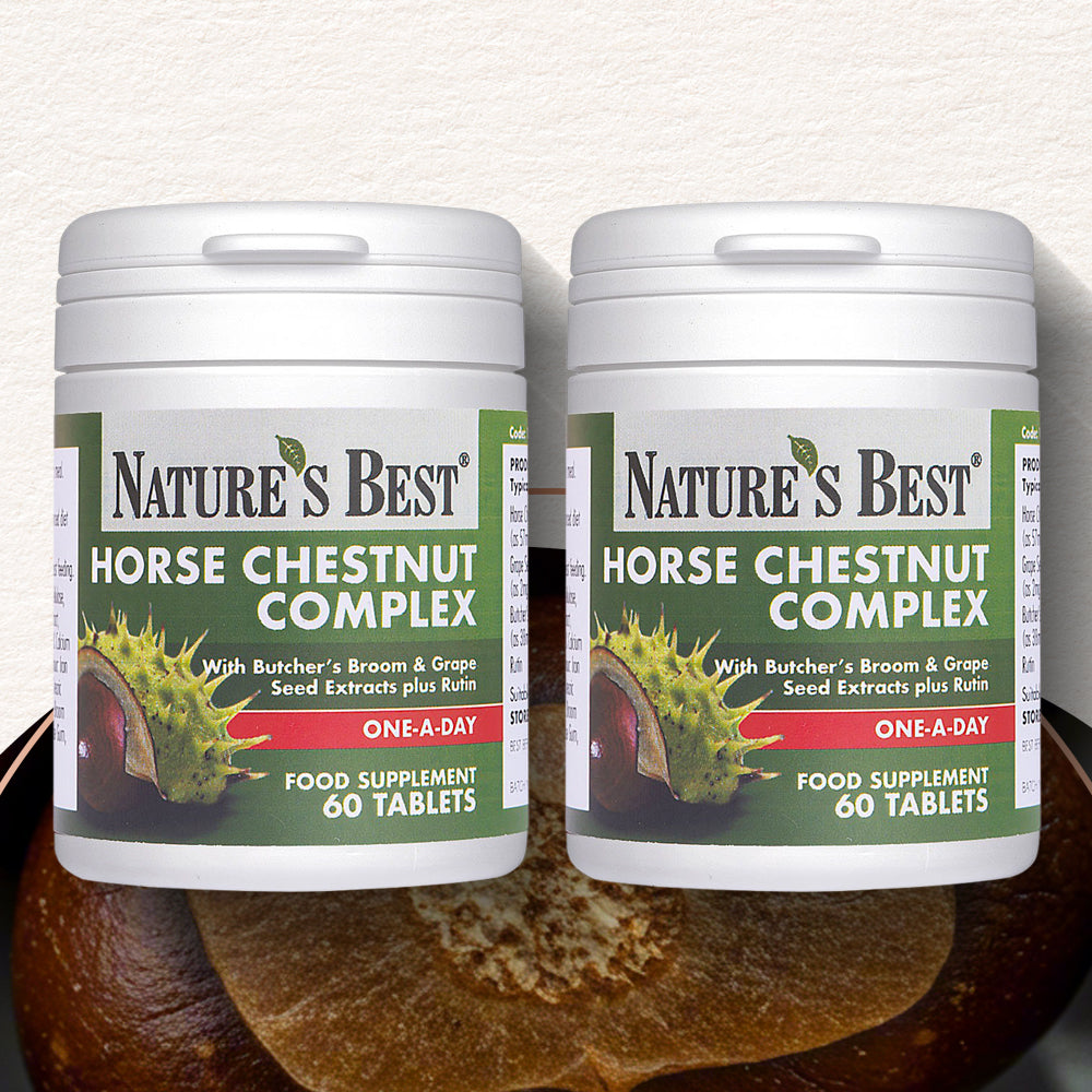 Two bottles of Nature's Best Horse Chestnut Complex on a wooden surface.