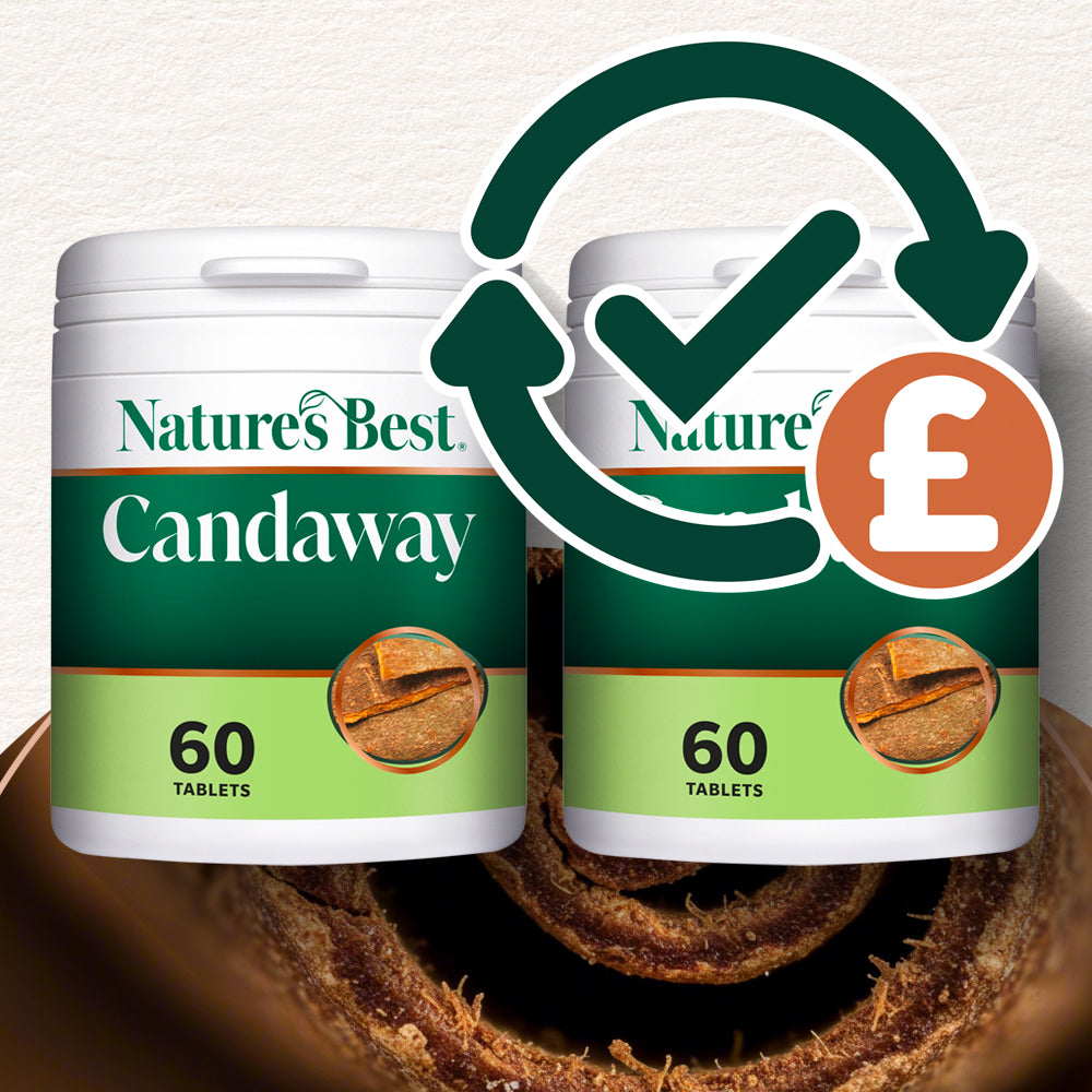 Two containers of Nature's Best Candaway tablets with a checkmark and pound sign icon on a white background.