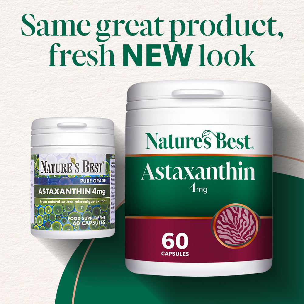 Nature's Best Astaxanthin supplement containers with text 'Same great product, fresh NEW look'.