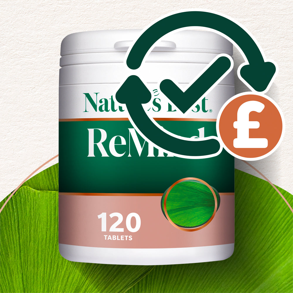 Nature's Best ReMix supplement container with a check mark and pound sign icon on a green leaf background