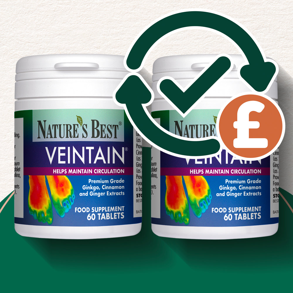 Two bottles of Nature's Best Veintain food supplement with a checkmark and pound sign icon on a white background.
