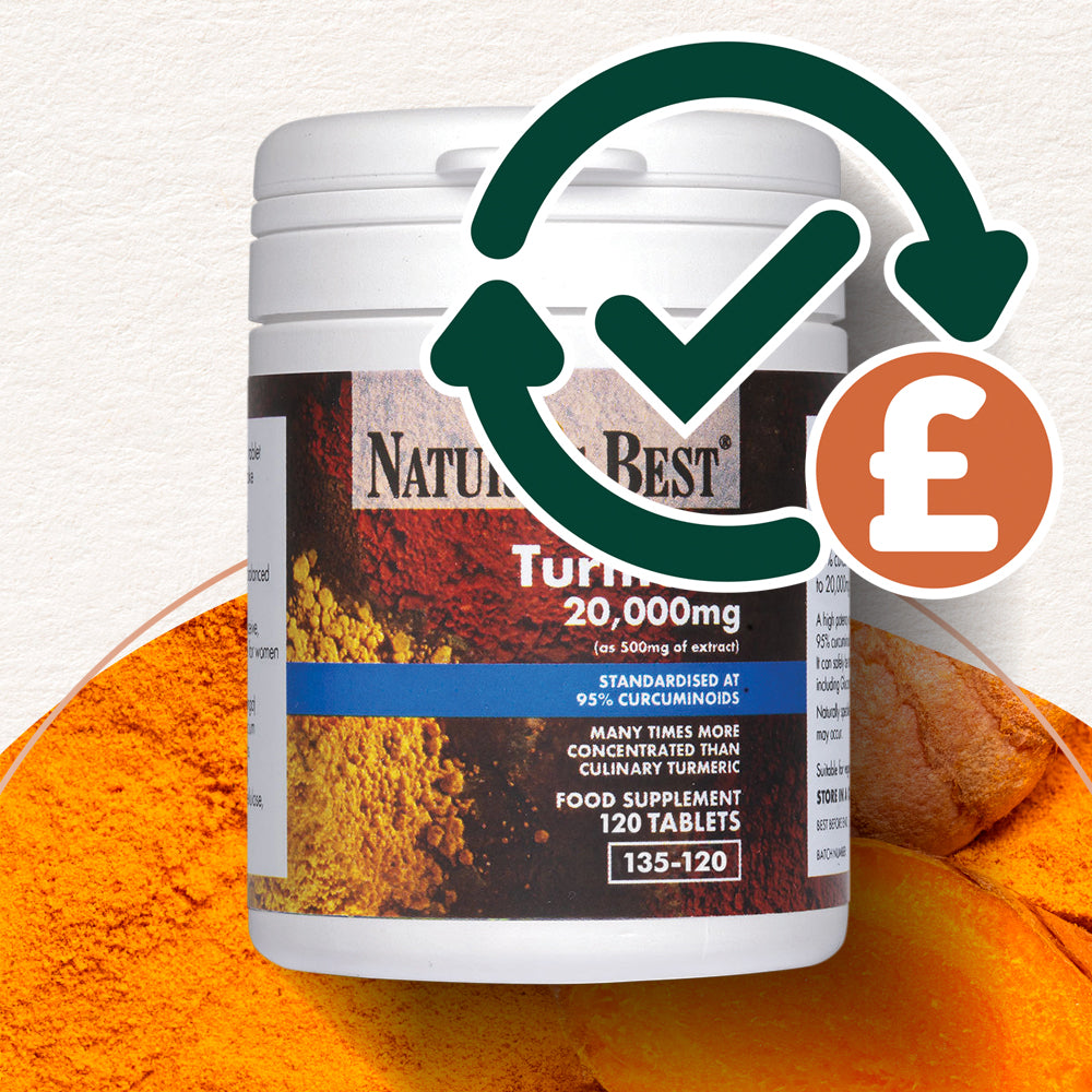 Supplement container labeled 'Nature's Best Turmeric' with a checkmark and pound sign icon on an orange and white background.