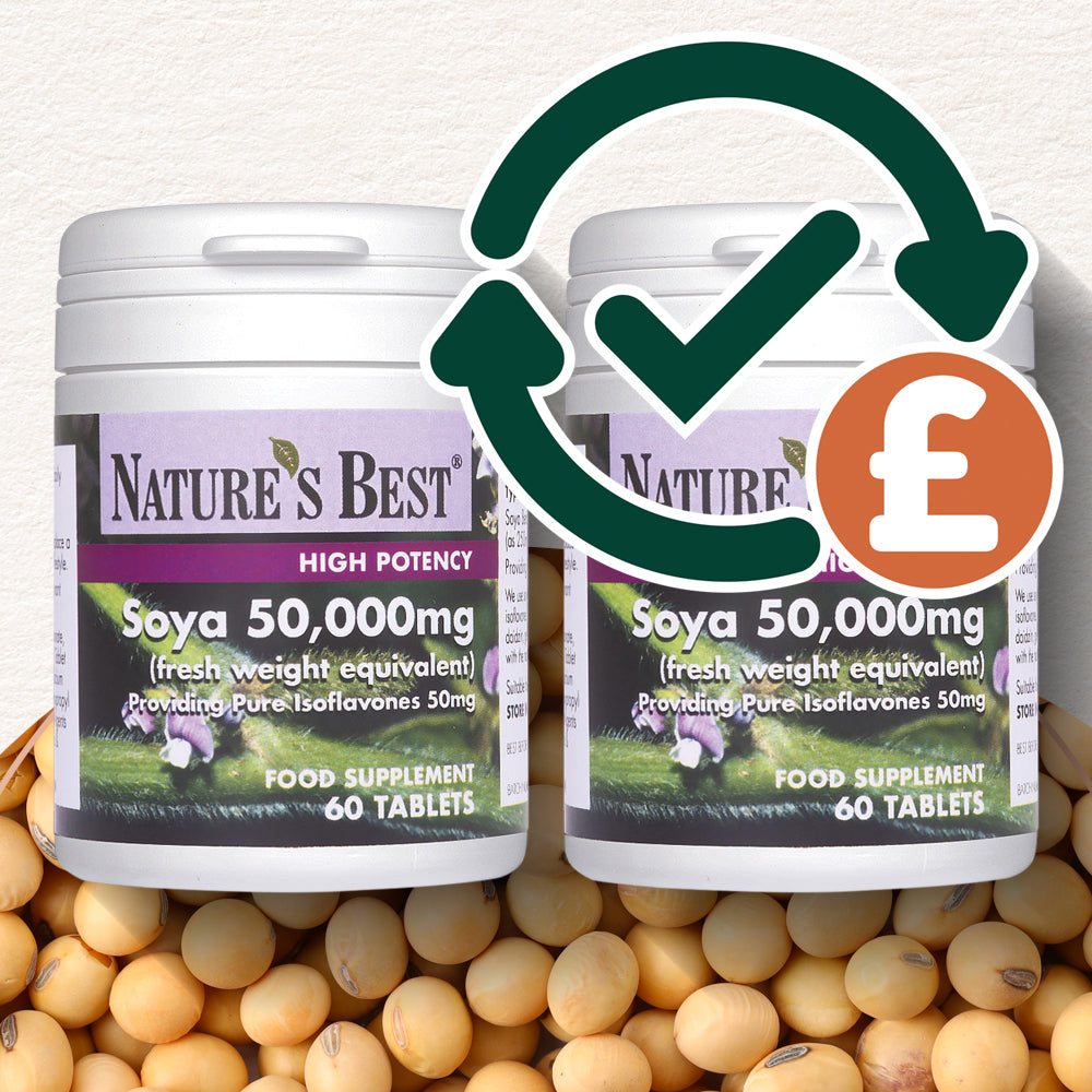Two containers of Nature's Best Soya 50,000mg supplement with soybeans in the background.