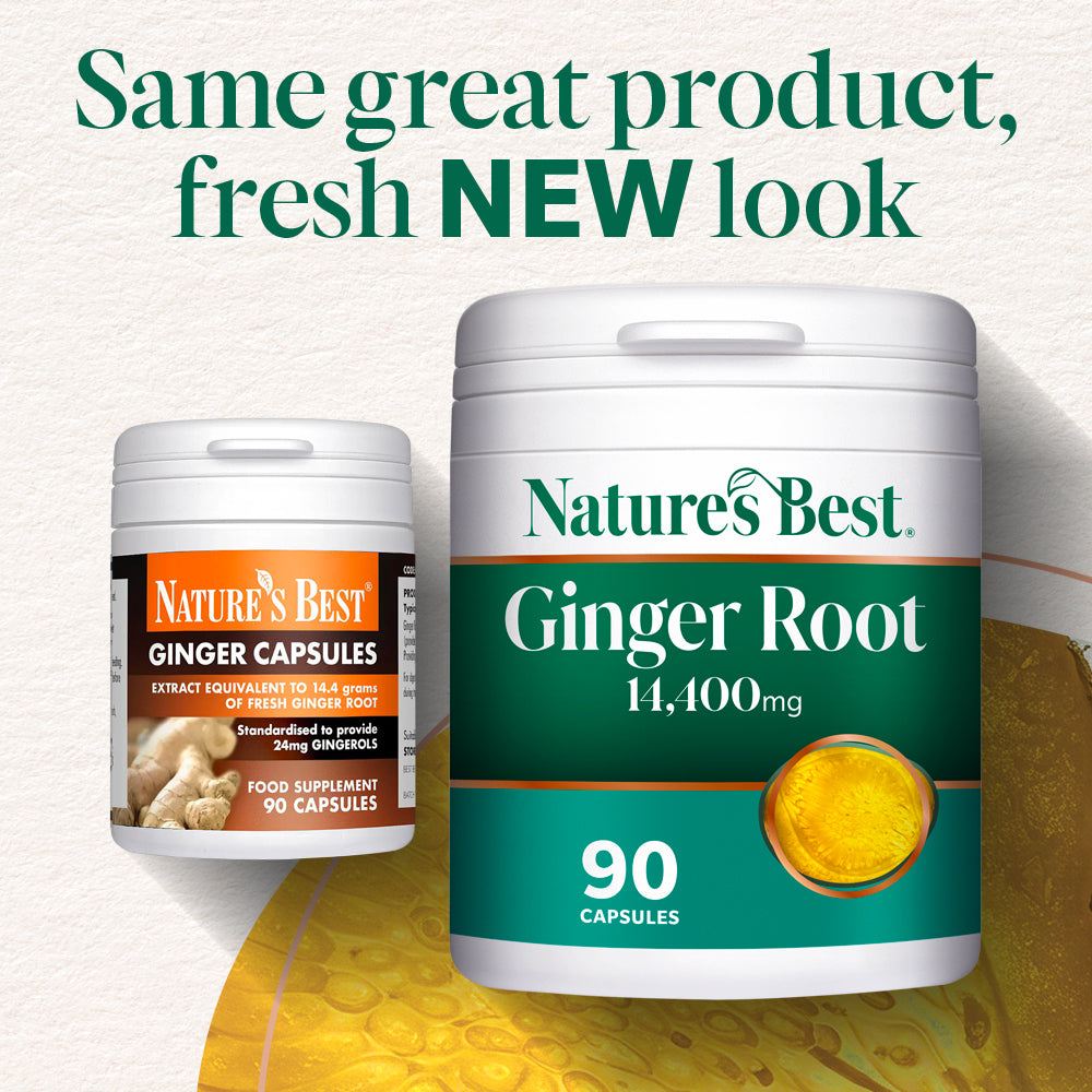 Nature's Best Ginger Root supplement container with text 'Same great product, fresh NEW look' on a light background.