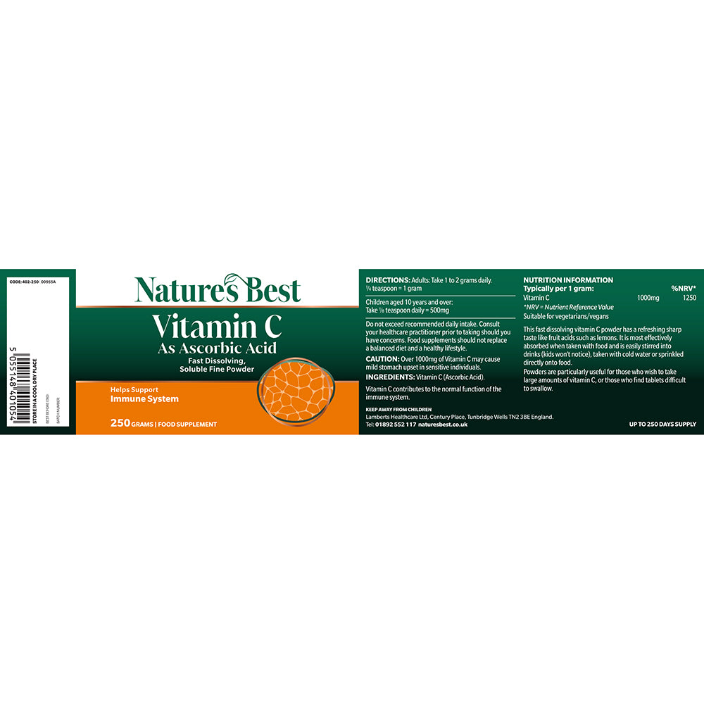 Nature's Best Vitamin C As Niacinamide food supplement box label, showing the front and back panels with product name, directions, and nutrition facts on a white background.