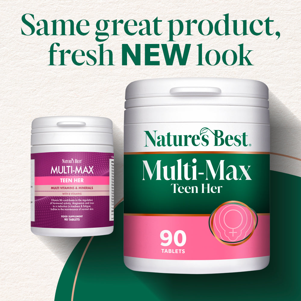 Nature's Best Multi-Max Teen Her supplement containers with text on a green and white background
