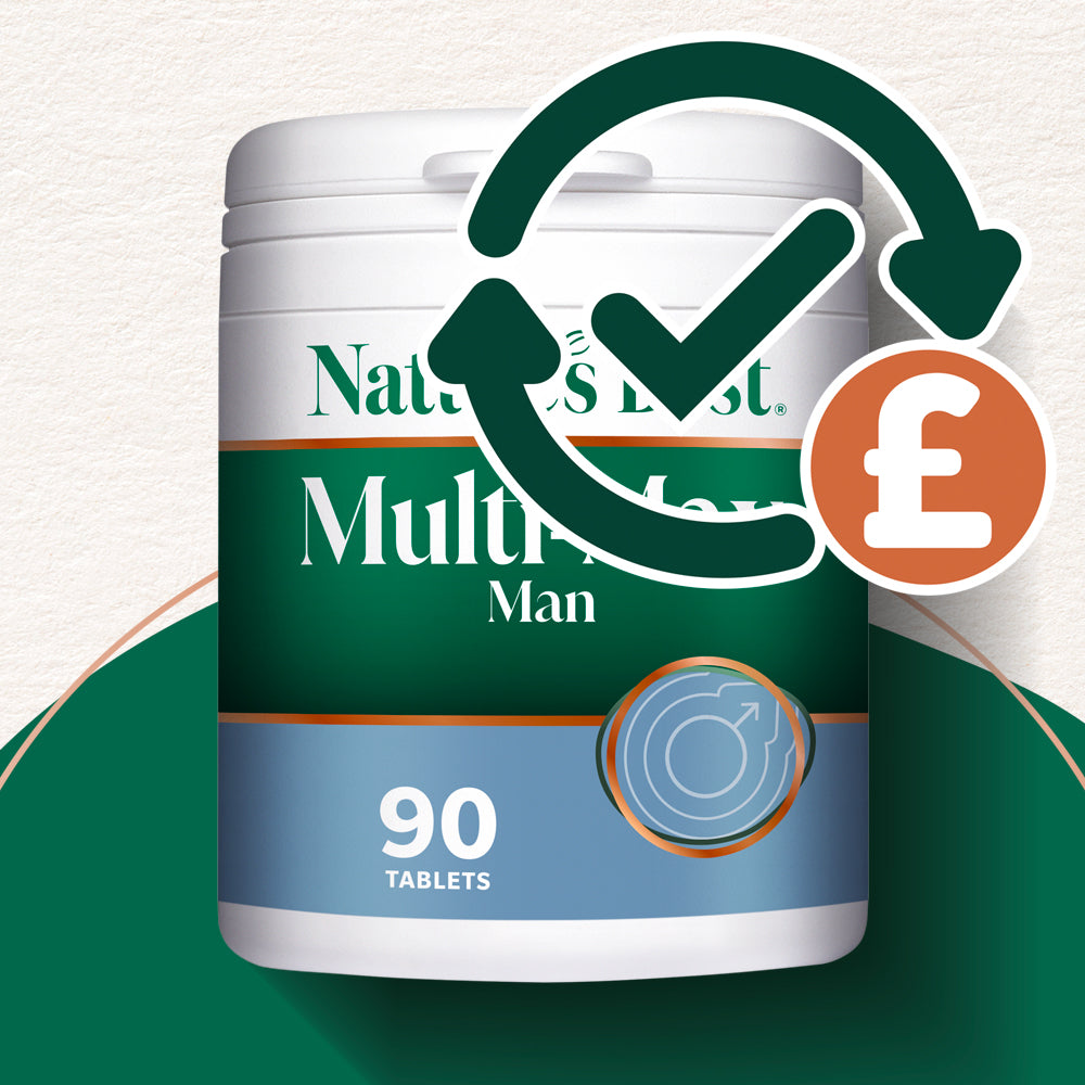 Multivitamin supplement container with a checkmark and pound sign icon on a green and white background