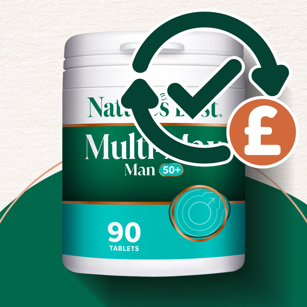 Multivitamin supplement container with a checkmark and pound sign icon on a white background
