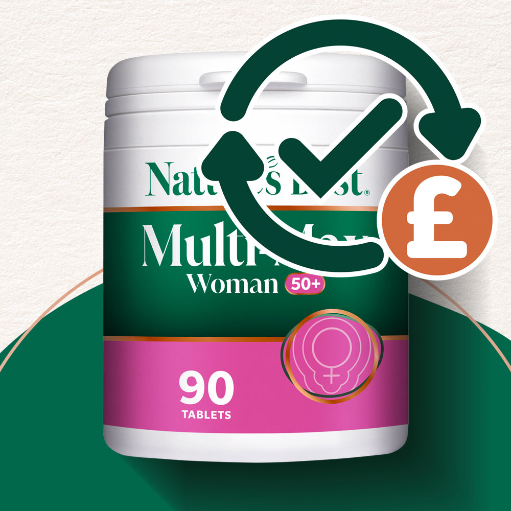 Multivitamin supplement container with branding and product details on a green and white background