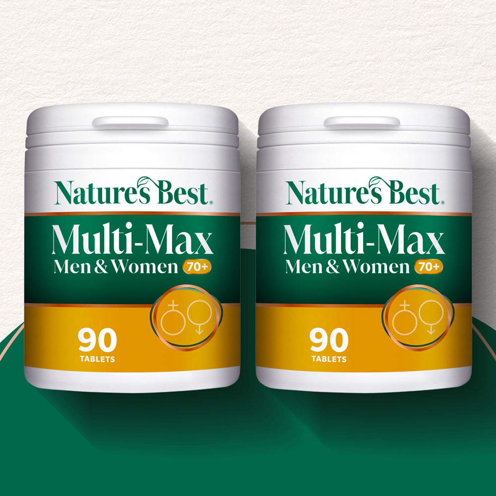 Two containers of Nature's Best Multi-Max Men & Women 70+ supplement on a white background