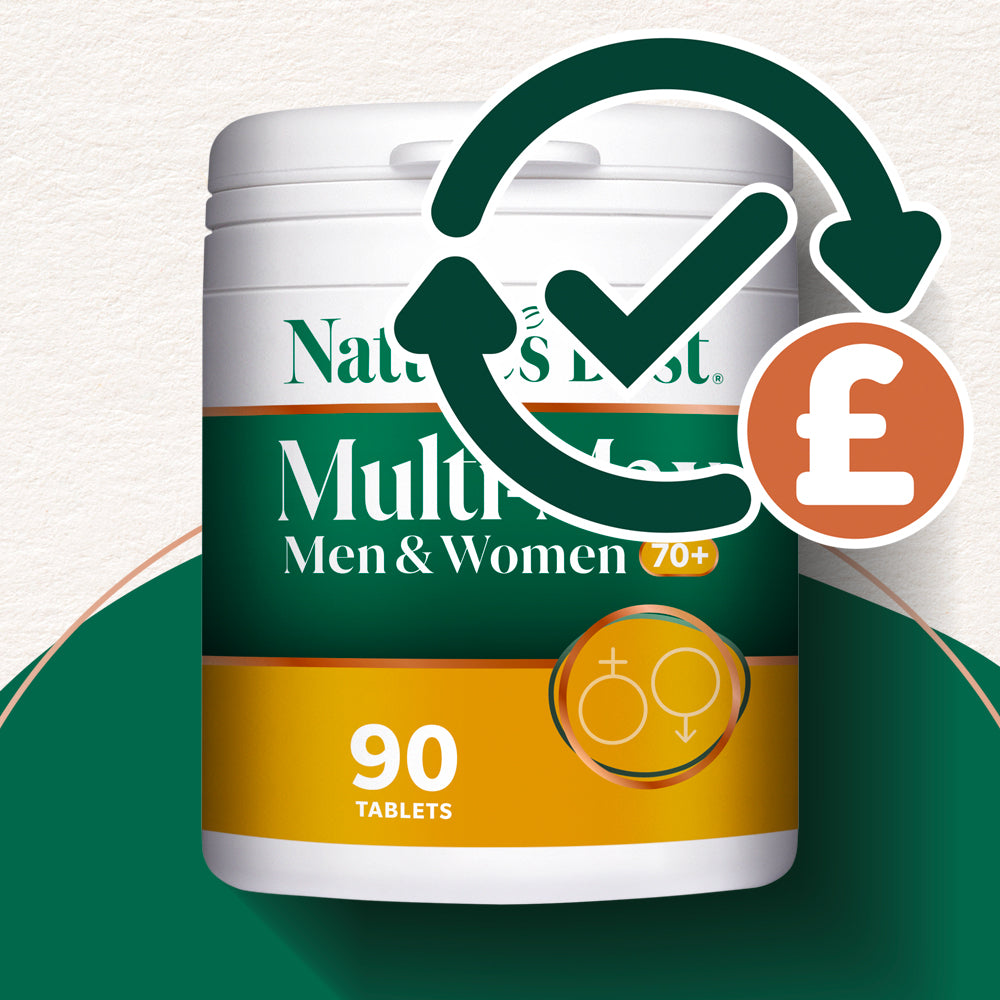 Multivitamin supplement container with branding and product details on a white background