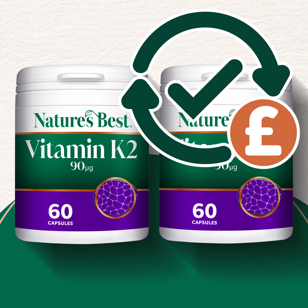 Two containers of Nature's Best Vitamin K2 with a checkmark and pound sign icon on a green background.