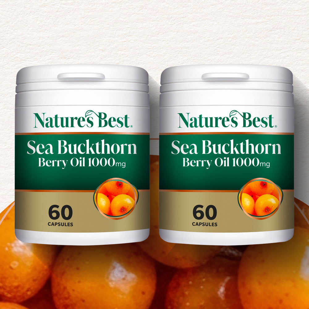 Two bottles of Nature's Best Sea Buckthorn Berry Oil 1000mg capsules with sea buckthorn berries in the background.