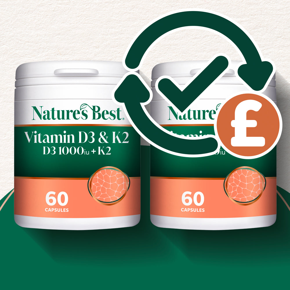 Two containers of Nature's Best Vitamin D3 & K2 with a checkmark and pound sign icon on a green background.
