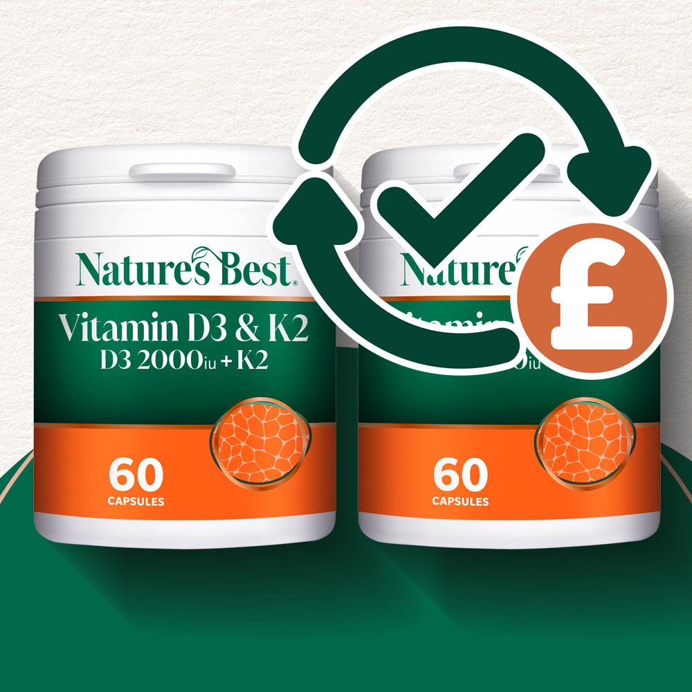 Two containers of Nature's Best Vitamin D3 & K2 with a checkmark and pound sign icon on a white background.