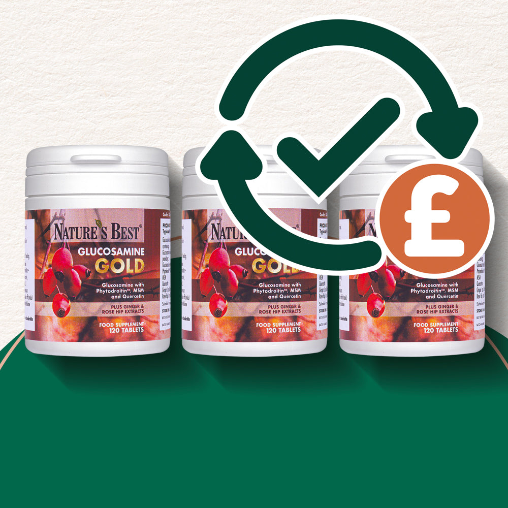 Three containers of Nature's Best Glucosamine Gold on a green background with a check mark and pound sign icon.