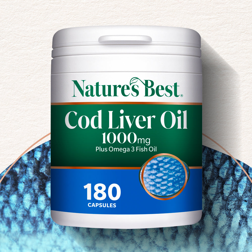 Nature's Best Cod Liver Oil supplement container on a textured white background