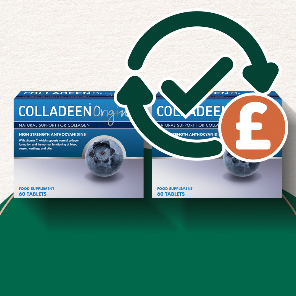 Colladeen supplement boxes with a green checkmark and pound symbol on a white background