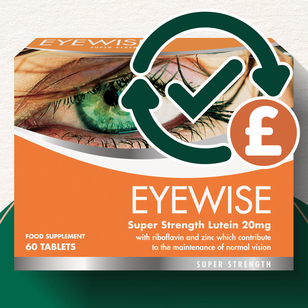 Eyewise Super Strength lutein 20mg food supplement box with a green circular check-and-arrow recycling symbol and a pound sign graphic overlaid on the front, shown against a light textured background.