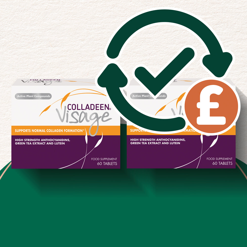 Colladeen Visage supplement packaging with a green checkmark symbol on a white background