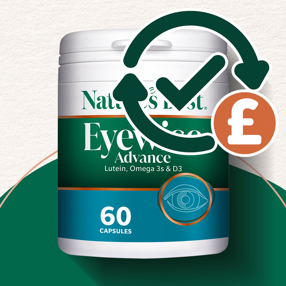Nature's Best Eye Advance supplement container with a check mark and pound sign icon on a green and white background