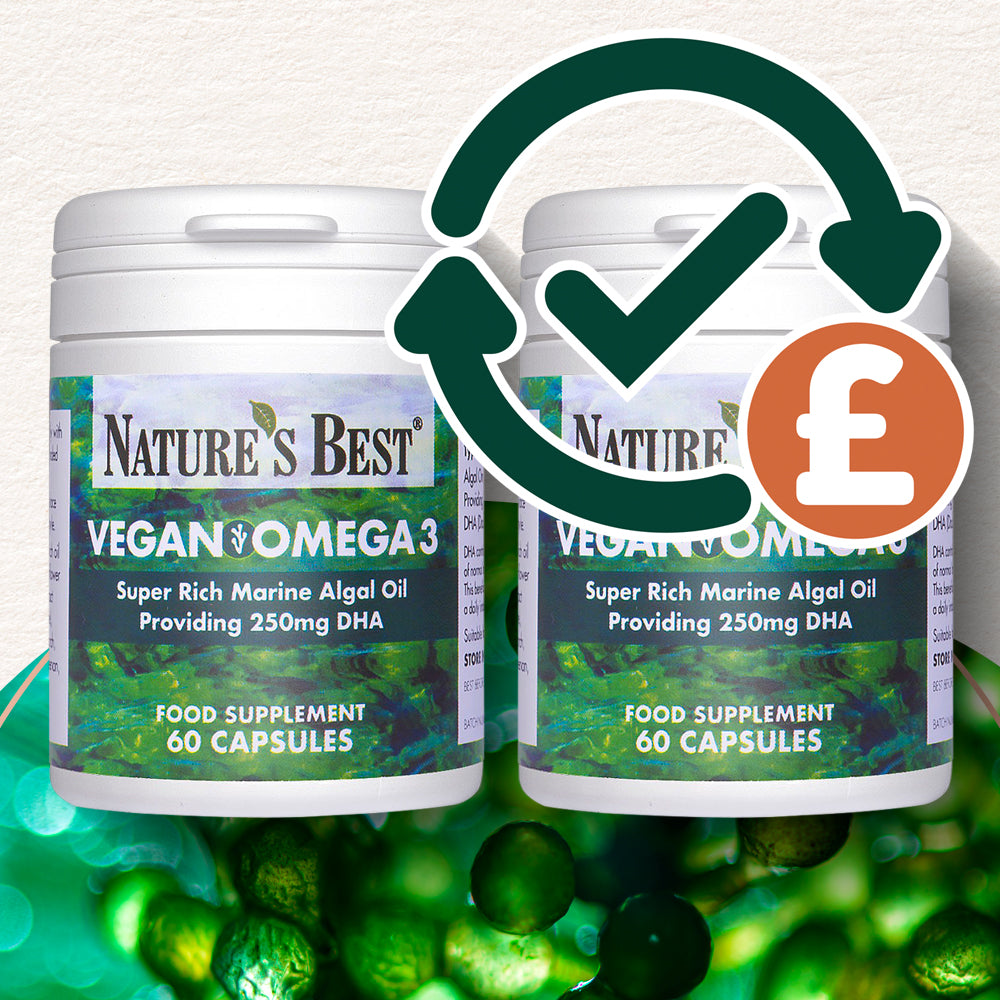 Two containers of Nature's Best Vegan Omega3 supplement with a check mark and pound sign icon.