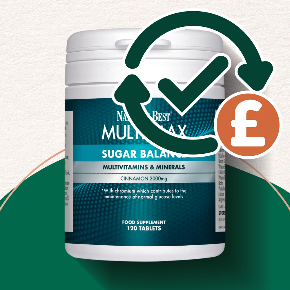 Multivitamin supplement container with a check mark and pound sign icon on a green and white background