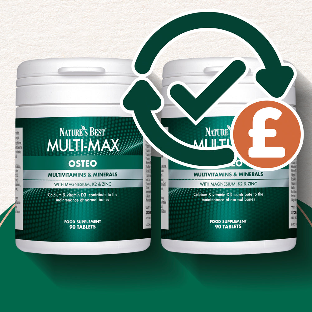 Two containers of Nature's Best Multi-Max Osteo multivitamins with a checkmark and pound sign icon on a green background.