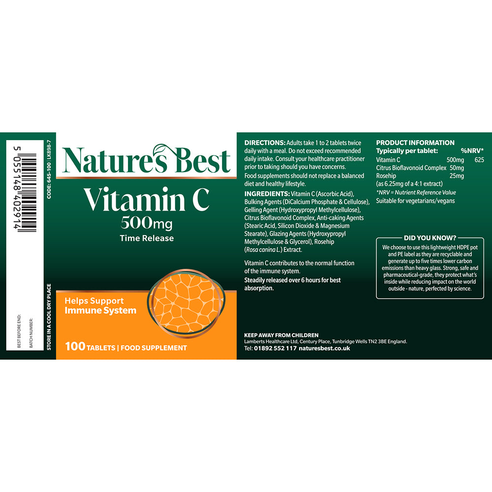 Label of Nature's Best Vitamin C 500mg Time Release supplement on a white background