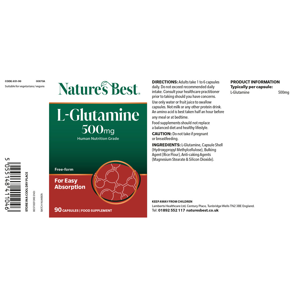 Nature's Best L-Glutamine 500mg supplement packaging on a white background