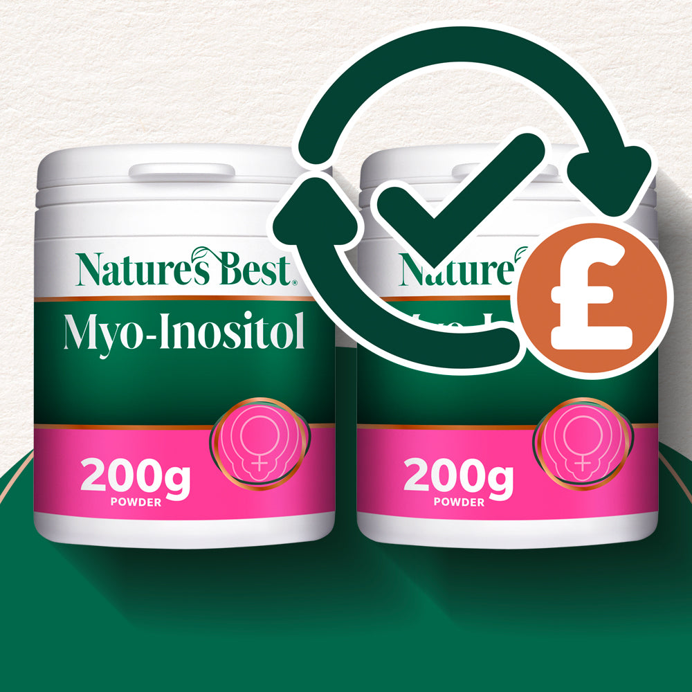 Two containers of Nature's Best Myo-Inositol powder with a checkmark and pound sign icon.