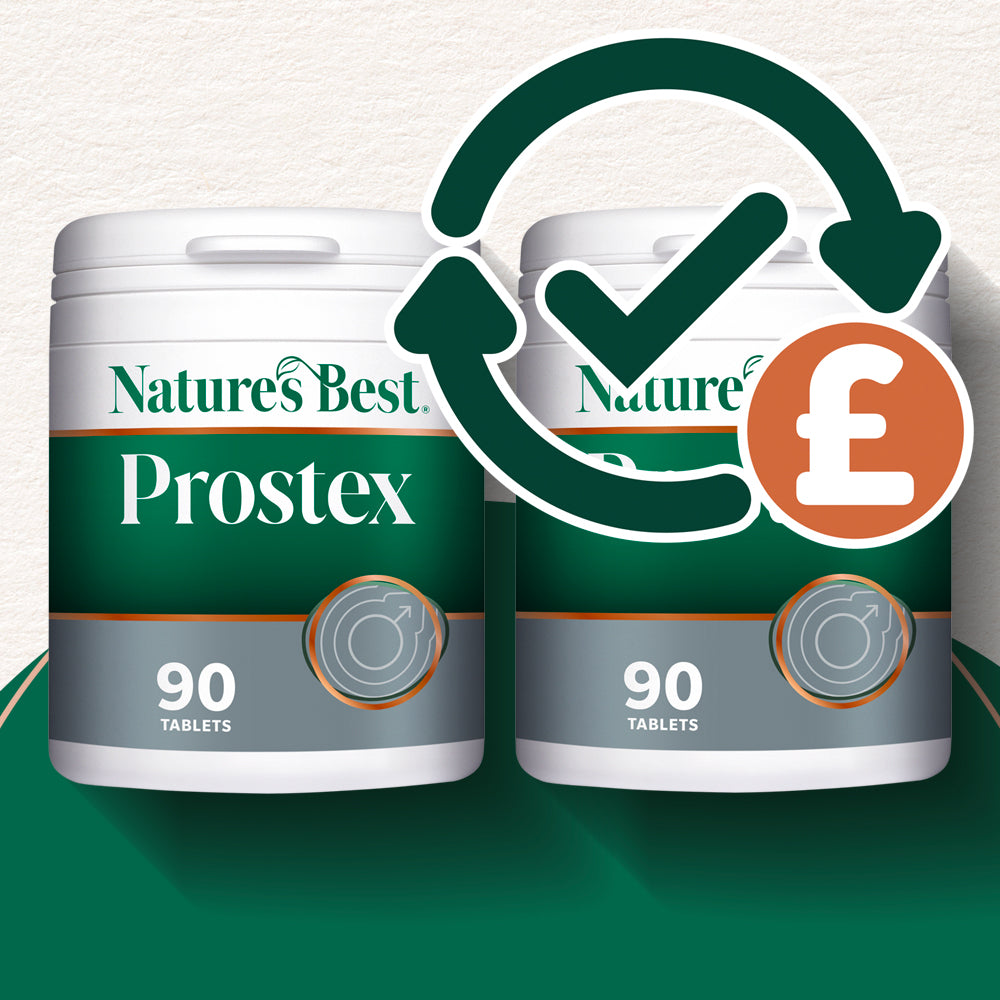 Two containers of Nature's Best Prostex with a checkmark and pound sign icon on a green background.