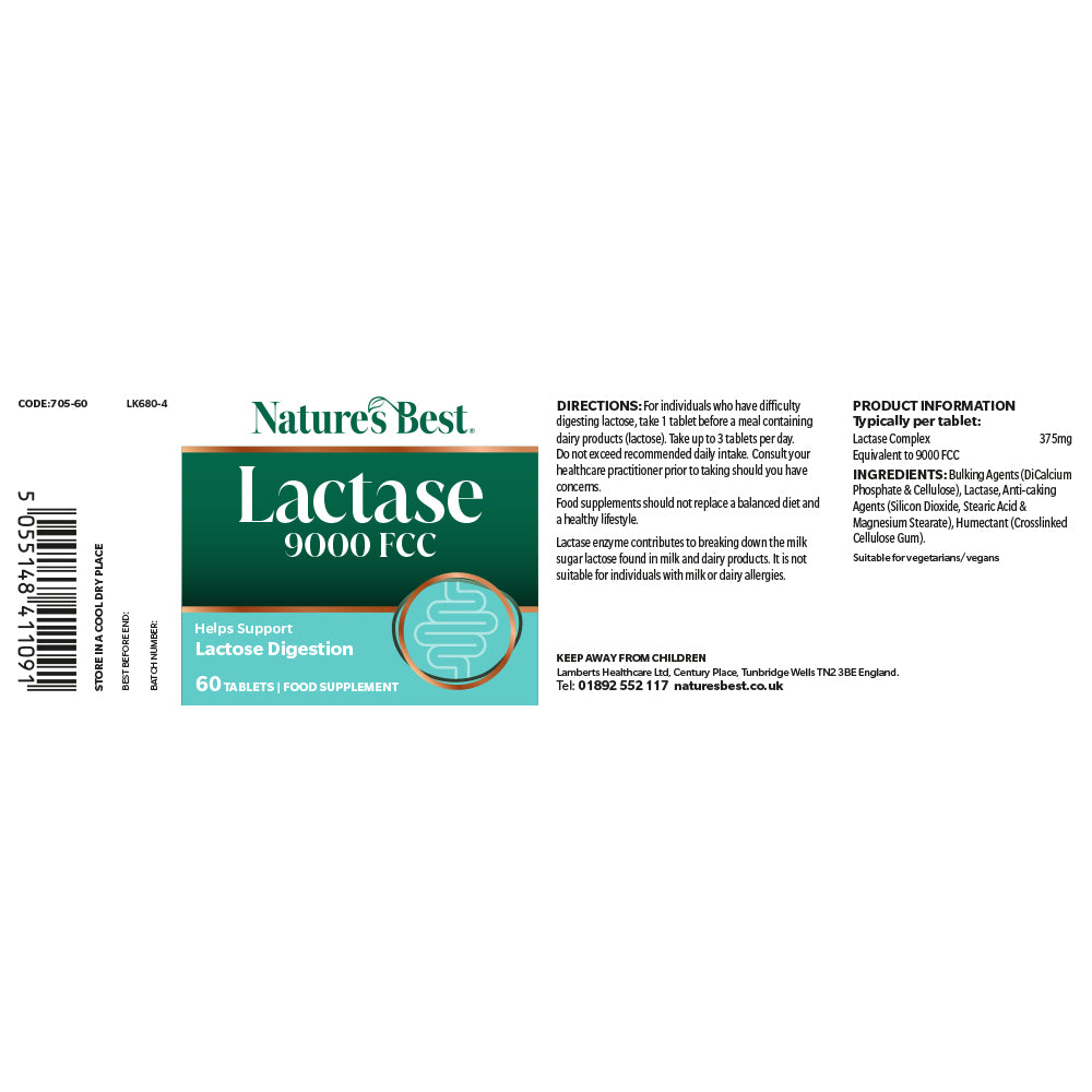 Nature's Best Lactase 9000 FCC supplement pot label on a white background