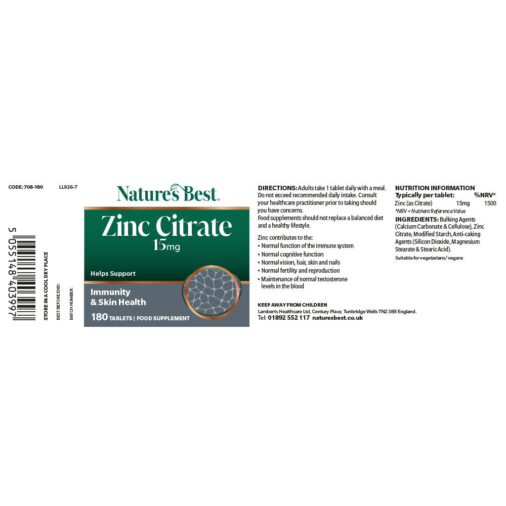 Supplement label for Natures Best Zinc Citrate 5mg on a white background
