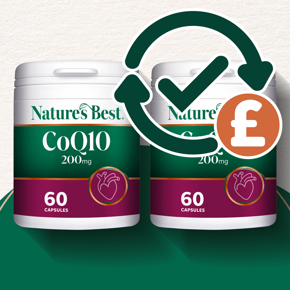 Two containers of Nature's Best CoQ10 200mg capsules with a checkmark and pound sign icon.