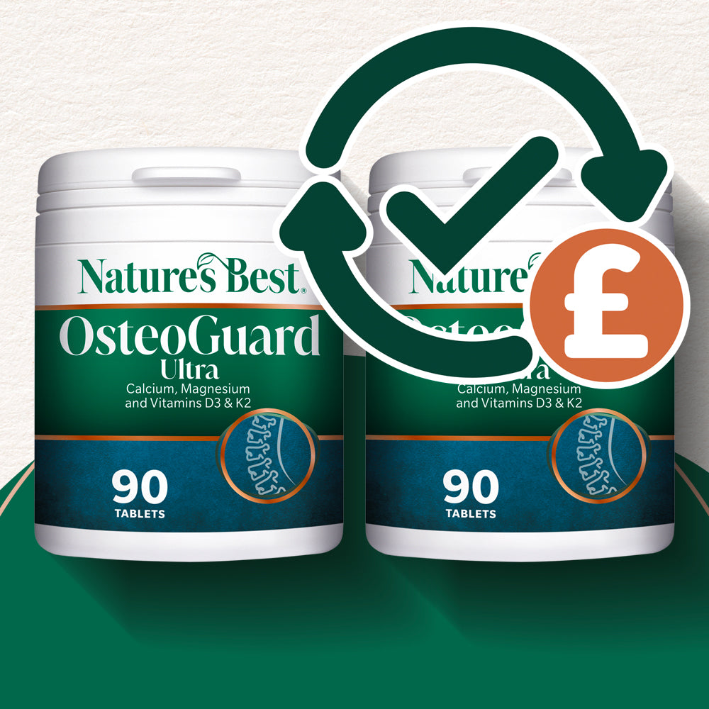 Two containers of Natures Best OsteoGuard Ultra supplement with a checkmark and pound sign icon.