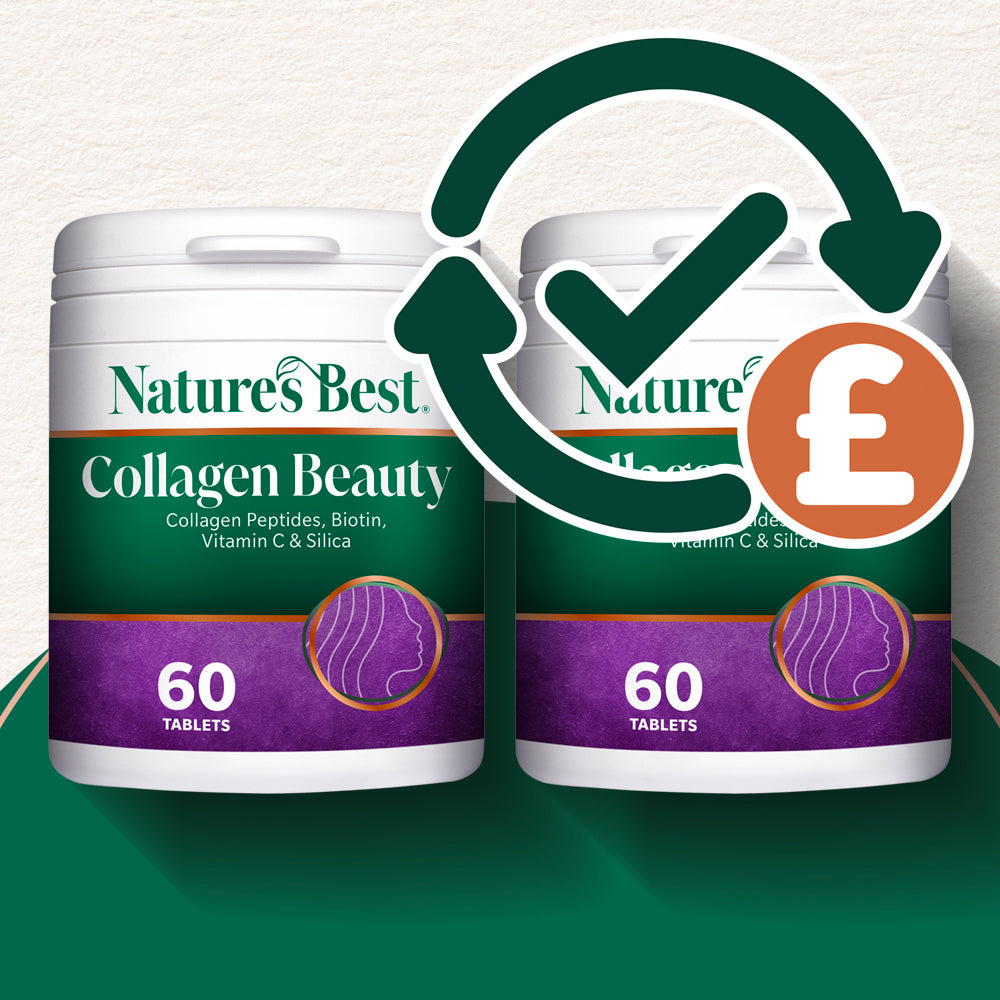 Two containers of Nature's Best Collagen Beauty supplement with a checkmark and pound sign icon.
