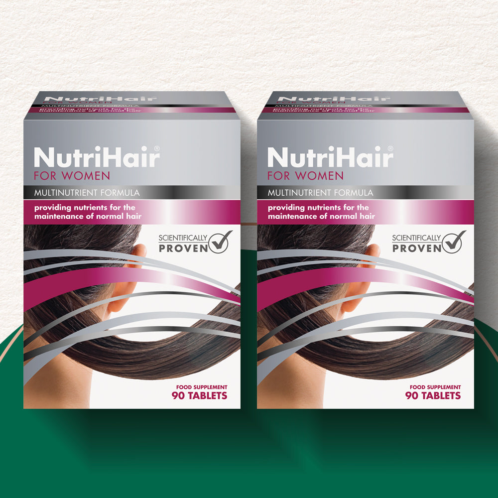 Two boxes of NutriHair for women on a green and white background