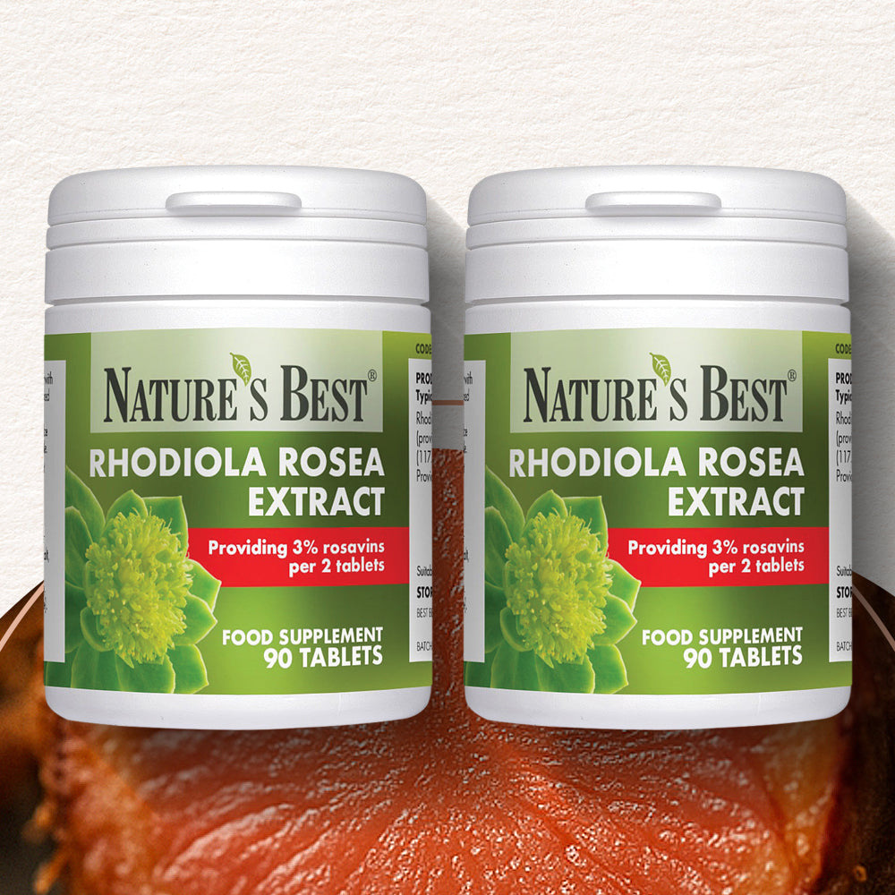 Two bottles of Nature's Best Rhodiola Rosea Extract on a wooden surface.