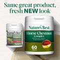 Two Nature's Best Horse Chestnut Complex supplement containers on a light beige textured background with promotional text at the top. The larger white jar in front reads 'Horse Chestnut Complex' and says '60 Tablets,' while the smaller jar behind it reads 'Horse Chestnut Complex' and '60 Tablets' as well.