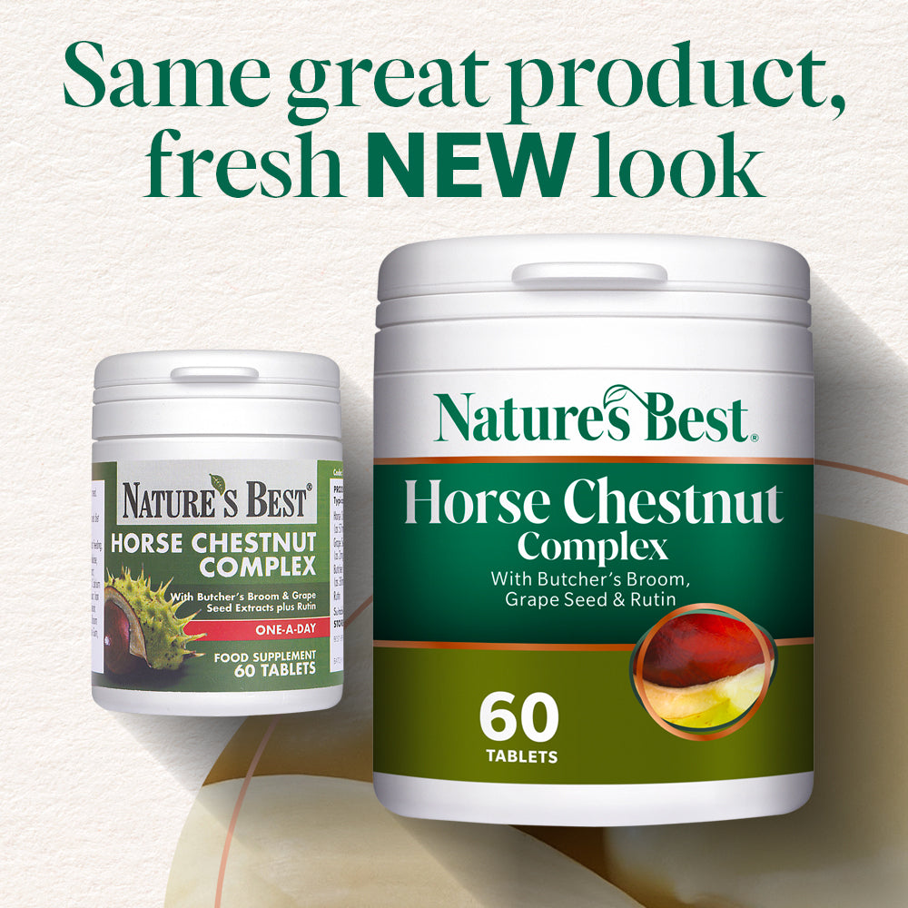 Two Nature's Best Horse Chestnut Complex supplement containers on a light beige textured background with promotional text at the top. The larger white jar in front reads 'Horse Chestnut Complex' and says '60 Tablets,' while the smaller jar behind it reads 'Horse Chestnut Complex' and '60 Tablets' as well.