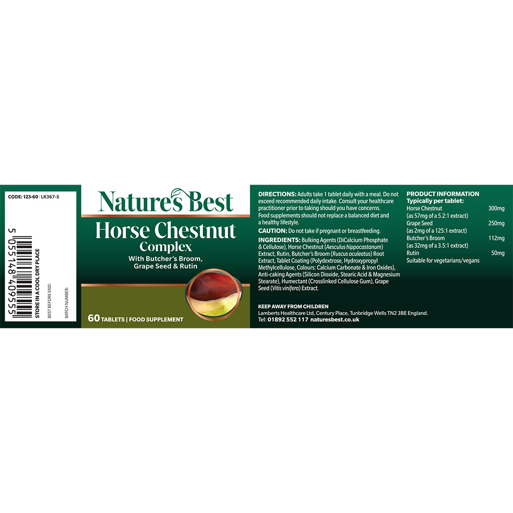 Nature's Best Horse Chestnut Complex supplement packaging label showing product information, directions, ingredients, and a small illustration of a horse chestnut fruit on a dark green background.