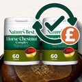 Two containers of Nature's Best Horse Chestnut Complex on a wooden surface with a checkmark and pound sign icon.