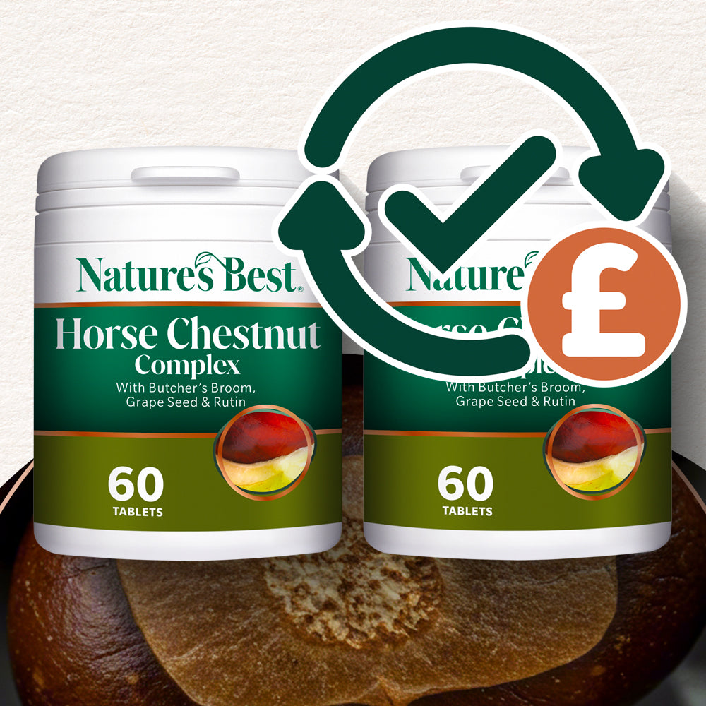 Two containers of Nature's Best Horse Chestnut Complex on a wooden surface with a checkmark and pound sign icon.
