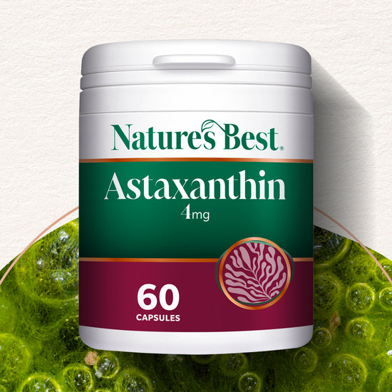 Nature's Best Astaxanthin supplement container with green background