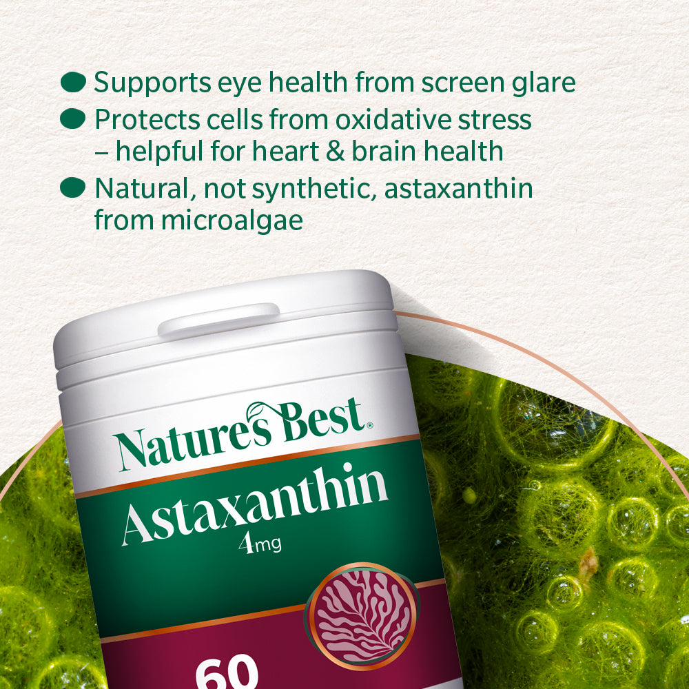 Nature's Best Astaxanthin supplement container with green algae background