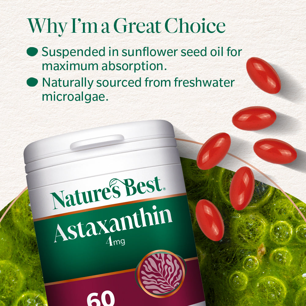 Nature's Best Astaxanthin supplement container with astaxanthin pills and green background