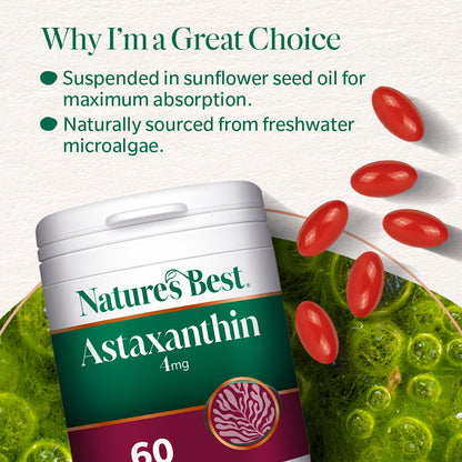 Nature's Best Astaxanthin supplement container with astaxanthin pills and green background