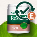 Nature's Best ReMix supplement container with a check mark and pound sign icon on a green leaf background