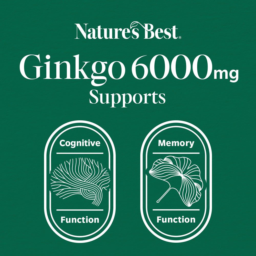 A dark green graphic with white text reading 'Nature's Best Ginkgo 6000mg Supports' and two white oval icons labeled 'Cognitive Function' and 'Memory Function' with ginkgo leaf illustrations.
